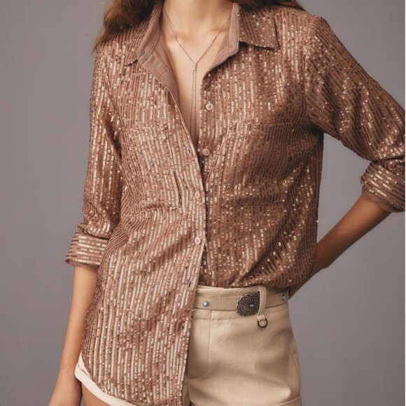 ANTHROPOLOGIE The Remie Sequin‎ Brown Buttondown Shirt Top Size M - Picture 1 of 3